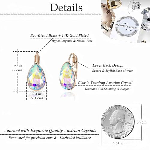 Austrian Crystal Teardrop Leverback Drop Earrings for Women | 14K Gold-Plated Finish, Sparkling Pear Stone, Smooth Bezel Frame, Secure Leverback Closure, Dainty Day-To-Evening Style - color: Aurora Borealis