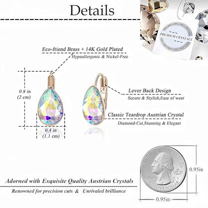 Austrian Crystal Teardrop Leverback Drop Earrings for Women | 14K Gold-Plated Finish, Sparkling Pear Stone, Smooth Bezel Frame, Secure Leverback Closure, Dainty Day-To-Evening Style - color: Aurora Borealis