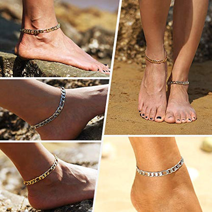 Richsteel Anklets for Women Cuban/Figaro/Spiga Wheat Chain Stainless Steel/18K Gold Plated Ankle Bracelet Beach Waterproof Foot Jewelry - color: 05-Gold Plated Figaro