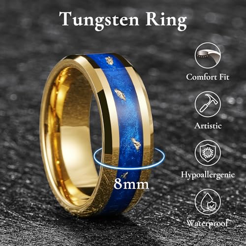 King Will Mens Galaxy Tungsten Wedding Band | 6mm/8mm, Beveled Edge, Comfort Fit, Durable, Sandstone Opal Inlay Polished, Everyday Wear - color: Blue&Gold