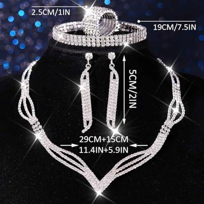 Rhinestone Bridal Wedding Jewelry Sets Black Necklace Earrings Bracelet Ring Set Prom Formal Costume Jewelry Set for Women and Brides - color: Silver