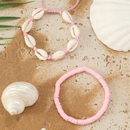 Shell Ankle Bracelet Set for Women,Boho Adjustable Beads Anklet Pack Natural White Shells Stack Stretch Seashell Pearl Starfish Bracelet Set Hawaiian Beach Vacation Foot Jewelry - style: L-Shell
