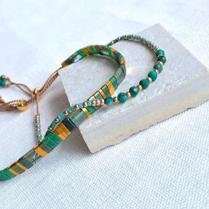Tila Flat Beaded Stretch Bracelets for Women Stackable Gold Colorful Seed Beads Boho Bracelet Stack Adjustable Rope String Friendship Jewelry Trendy Holiday Gift - color: turquoise