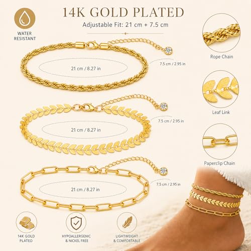 3 Pcs Gold Anklets for Women, 14K Gold Plated Stainless Steel Ankle Bracelets Set, Adjustable Leaf/Rope/Curb Link Chain Foot Jewelry for Summer Beach, Pool & Daily Wear, 8.27"+3.0"
