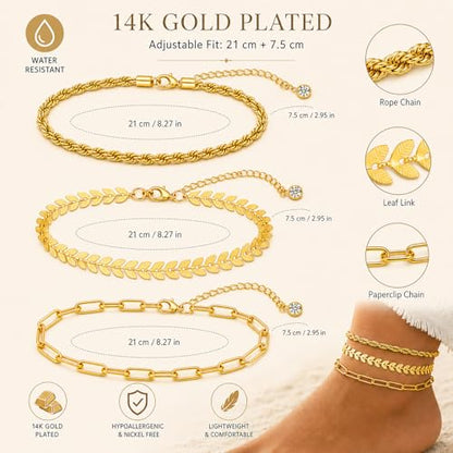 3 Pcs Gold Anklets for Women, 14K Gold Plated Stainless Steel Ankle Bracelets Set, Adjustable Leaf/Rope/Curb Link Chain Foot Jewelry for Summer Beach, Pool & Daily Wear, 8.27"+3.0"