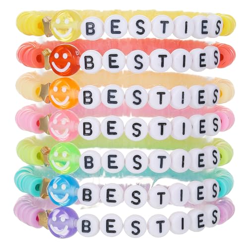 Friendship Bracelets for Women - Heishi Surfer Colorful Smile Evil Eye Clay Beaded Stretch Bracelets Elastic Layering - Stackable Boho Disc Y2K Aesthetic Summer Jewelry Set. - color: Besties Bracelets 7pc