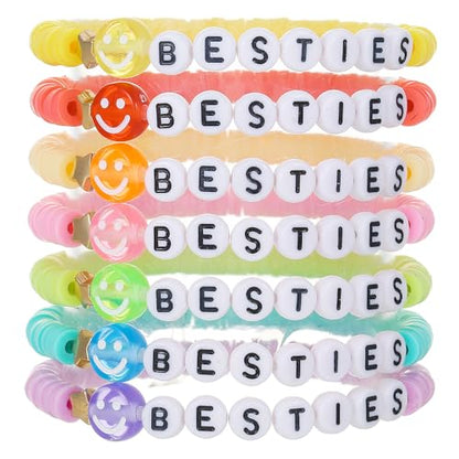 Friendship Bracelets for Women - Heishi Surfer Colorful Smile Evil Eye Clay Beaded Stretch Bracelets Elastic Layering - Stackable Boho Disc Y2K Aesthetic Summer Jewelry Set. - color: Besties Bracelets 7pc