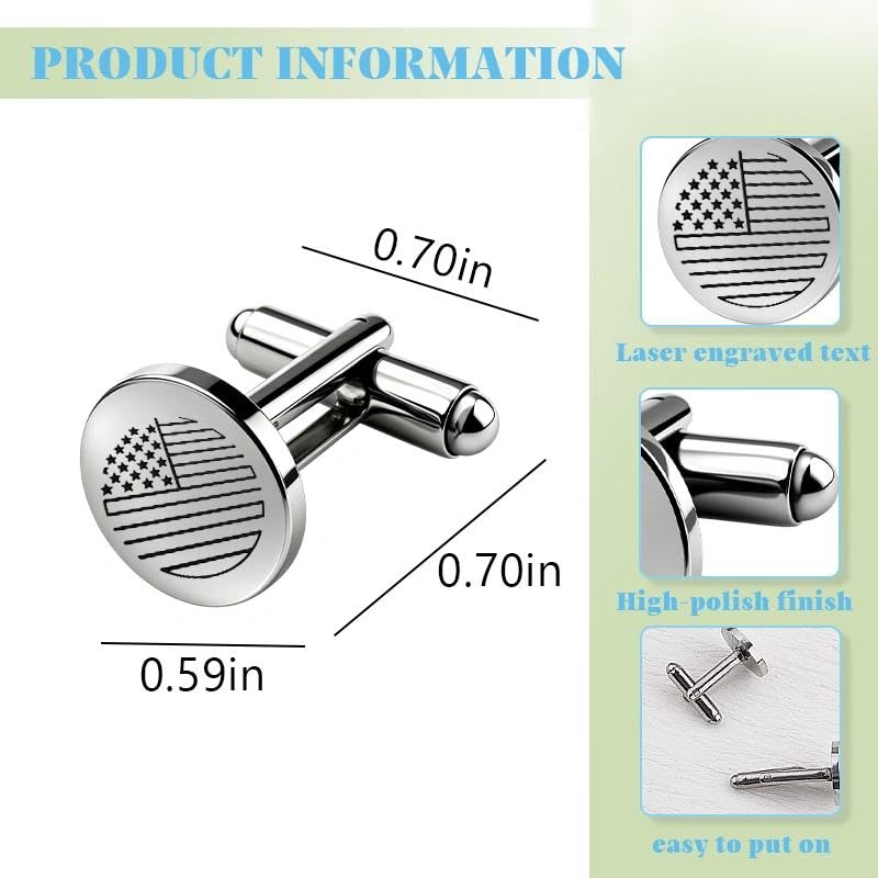 Silver Cufflinks for Men Wedding Engagement Gifts for Him Cuff Links 2Pcs Round Stainless Steel Engraved Cufflink for Shirt - color: American Flag