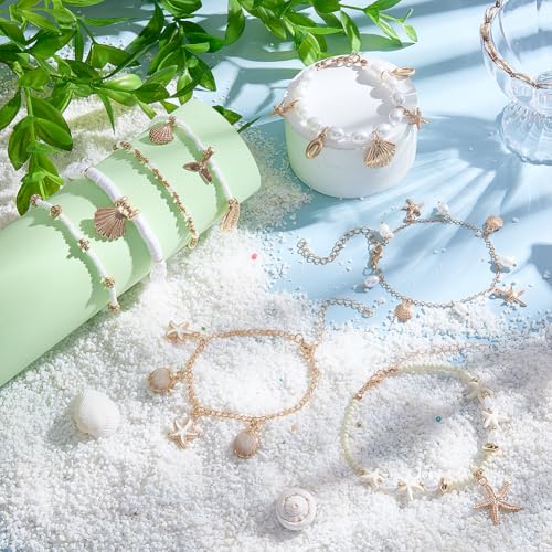 PH PandaHall 8pcs Ocean Themed Anklets for Women, Hawaiian Starfish Shell Charm Beaded Anklets Adjustable Seashell Ankle Bracelets for Beach Vacation Summer Jewelry Outfits Accessories