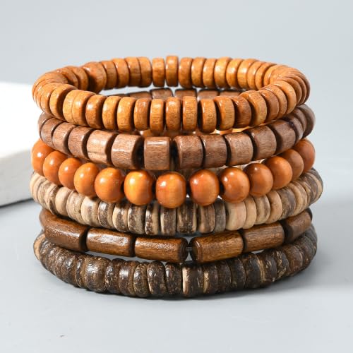 5pcs Wooden Bead Bracelet Set with Charm and Tassel for Men & Women - Stackable Boho Bracelets, Amber Color Scheme Adjustable Bracelet - color: Brown Brown