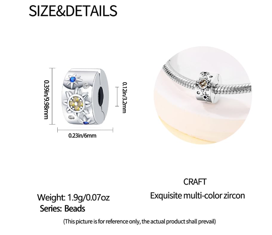 Heart Charm Clip Lock Spacer Stopper Charm Bead Bracelet 925 Sterling Silver Charms Safety Chain for Pandora Bracelets - color: Moon and Stars