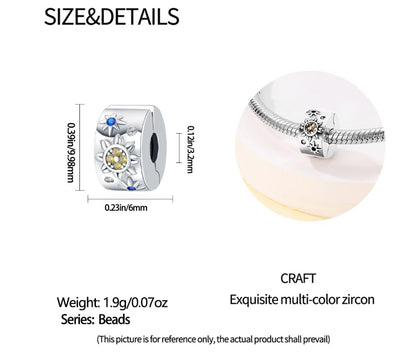Heart Charm Clip Lock Spacer Stopper Charm Bead Bracelet 925 Sterling Silver Charms Safety Chain for Pandora Bracelets - color: Moon and Stars