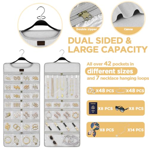 SMRITI Hanging Jewelry Organizer with Dual Zippered Pockets Canvas Double Sided Rotating Hanger Necklace Hanging Wall Organizer Earring Dustproof Holder Wall Mount Accessories Display Bag(Light Grey) - color: Light Grey