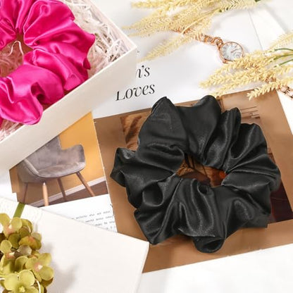 2 PCS Hot Pink Jumbo Satin Silky Scrunchies 6.5 Inches Oversized Scrunchie Extra Large Big Hair Ties Ponytail Holder for Thick Curly Hair Women (Black, Hot Pink) - color: Black, Hot Pink