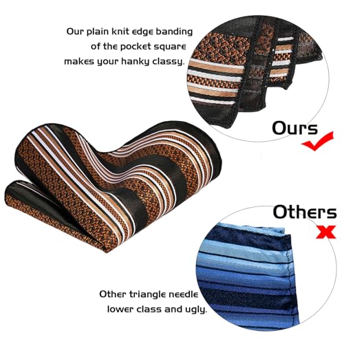 5PCS Mens Silk Tie, Pocket Square, Cufflinks, Drilled Tie Ring and Lapel Pin Set for Wedding Groom Party - color: Brown Striped Tie Set -102