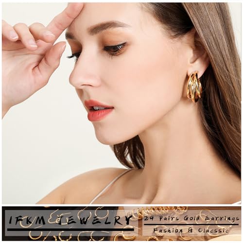 IFKM 24 Pairs Gold Hoop Earrings Set for Women Hypoallergenic Chunky Chain Twisted Open Hoops Dangle Earring Packs for Birthday Party Christmas Fashion Jewelry Gift - color: 24 Fashion gold