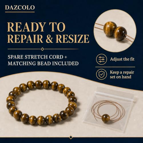 8mm Natural Crystal Stretch Bracelet | Handmade Round Stone Bead Bracelet, Runs Large, Meditation Yoga Gift for Women & Men - color: Golden Tiger Eye