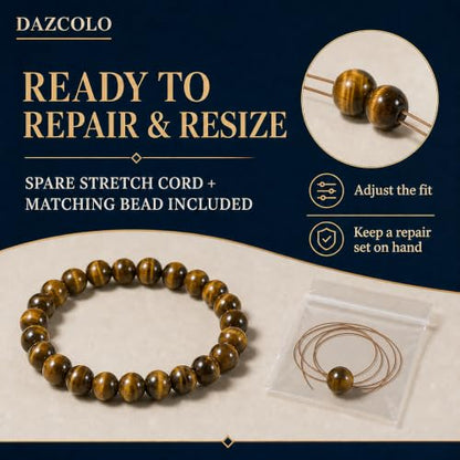 8mm Natural Crystal Stretch Bracelet | Handmade Round Stone Bead Bracelet, Runs Large, Meditation Yoga Gift for Women & Men - color: Golden Tiger Eye