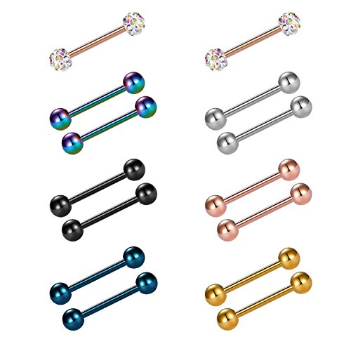 VCMART 12mm-18mm 14G Tongue Rings Nipple Straight Barbells Surgical Steel Body Piercing Jewelry - style: Style B -14pcs