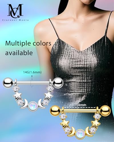 CM Crareesi Mania Opal Nipple Rings 316L Stainless Steel Nipple Shield Ring for Women 14G Moon Phase Nipple Piercing Jewelry - color: Silver-Star and Moon