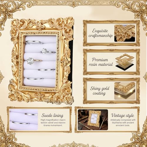 Picture Frame Ring Holder, Rectangle Vintage Ring Holder Gold Velvet Display Stand Frame Earring Tray Anniversary Engagement Baroque Organizer for Women Birthday Christmas Gift Photograph Prop