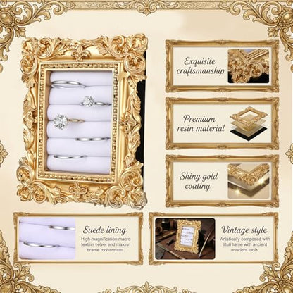 Picture Frame Ring Holder, Rectangle Vintage Ring Holder Gold Velvet Display Stand Frame Earring Tray Anniversary Engagement Baroque Organizer for Women Birthday Christmas Gift Photograph Prop