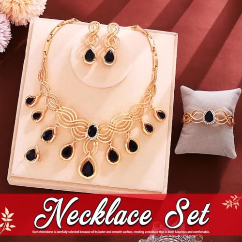 4-Piece Golden Teardrop Crystal Jewelry Set Black Red | 4-piece golden set with black red crystals Lightweight anti-tarnish Perfect for weddings galas - color: Black