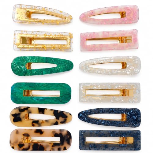 Parcce 12 Pcs Acrylic Resin Marble Hair Clips for Women Girls, 2.60-2.68 Inch Medium Decorative Barrettes, Rectangle & Teardrop Side Hair Clips with Metal Clip for Daily Styling