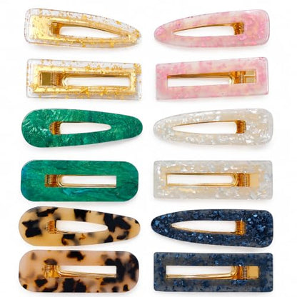 Parcce 12 Pcs Acrylic Resin Marble Hair Clips for Women Girls, 2.60-2.68 Inch Medium Decorative Barrettes, Rectangle & Teardrop Side Hair Clips with Metal Clip for Daily Styling