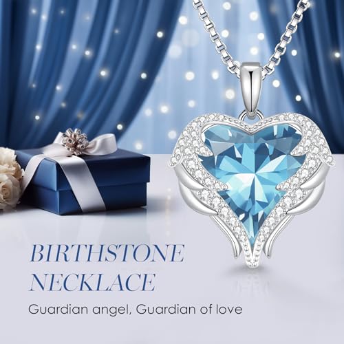CDE Angel Wings Heart Birthstone Pendant Necklace Gift for Women | Silver/Gold Tone,Ideal Birthday & Anniversary Jewelry Gift for Wife,Girlfriend,Her - color: White-03-Aquamarine Light Blue Birthstone