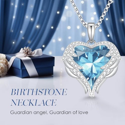 CDE Angel Wings Heart Birthstone Pendant Necklace Gift for Women | Silver/Gold Tone,Ideal Birthday & Anniversary Jewelry Gift for Wife,Girlfriend,Her - color: White-03-Aquamarine Light Blue Birthstone