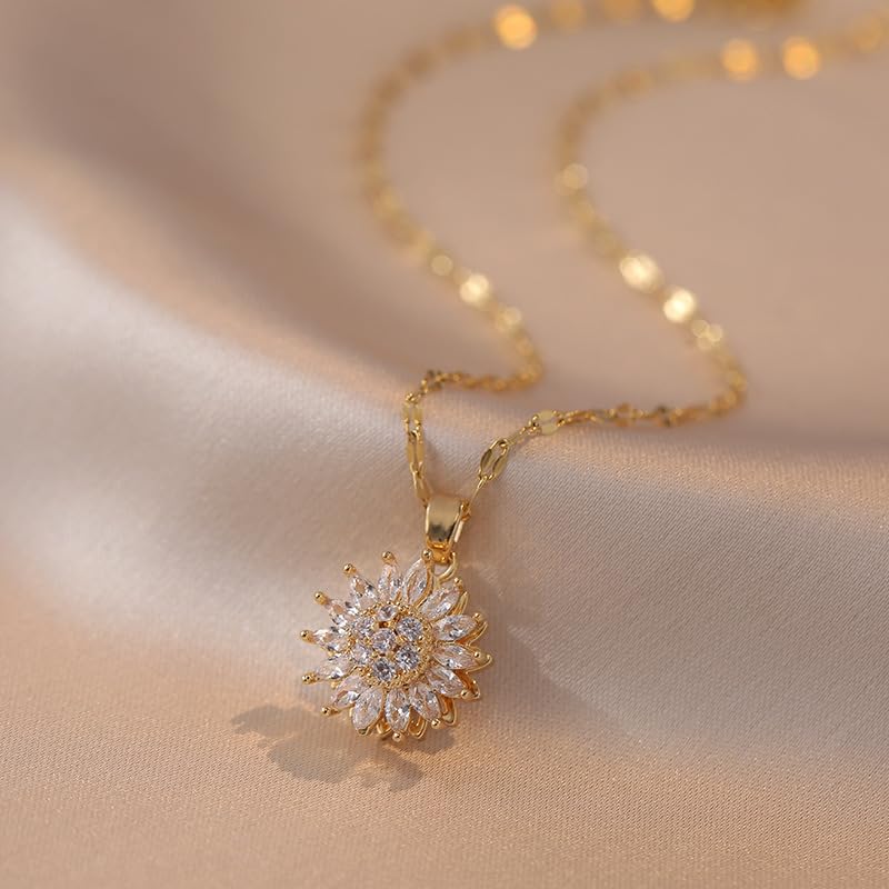 Sunflower Fidget Necklace for Women Gold Moon Necklace Rotating Heart Necklaces Spinning Crystal Flower Anxiety Necklaces Crescent Moons Jewelry Accessories - color: Set2