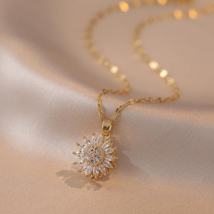 Sunflower Fidget Necklace for Women Gold Moon Necklace Rotating Heart Necklaces Spinning Crystal Flower Anxiety Necklaces Crescent Moons Jewelry Accessories - color: Set2