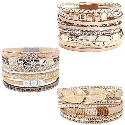 Wowanoo 3Pack Leather Cuff Bracelet Set Multilayer Wrap Bracelet Crystal Feather Tree Bracelet Magnetic Clasp Bracelet for Women - color: 3pack