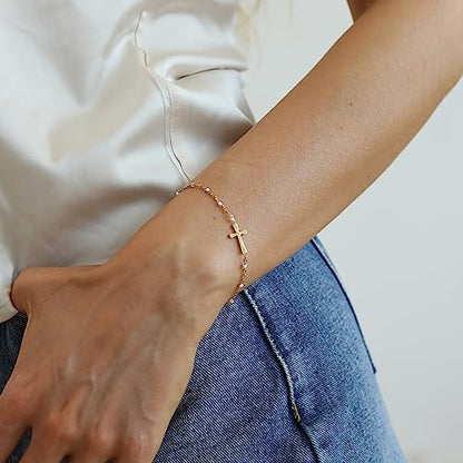 18K Gold Plated Pearl Beaded Cross Bracelets for Women Adjustable | Stainless Steel Dainty Thin Gold Box Cuban Twisted Link Chain Bracelet Bridesmaid Jewelry Gifts for Birthday, Anniversary - color: White Cross-Gold