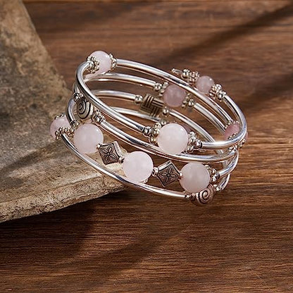 Beaded Pearl Bangle Wrap Bracelet - Fashion Bohemian Jewelry Multilayer Charm Bracelet with Thick Silver Metal Beads, Gift For Women - color: Pink crystal