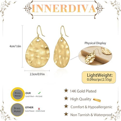 Antique Gold Hammered Disc Drop Earrings Boho Earrings with Two Tone Jewelry Gift - color: AMZ-EH21309A-L