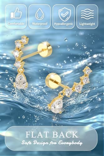 Freekiss Cartilage Flat Back Earrings Hypoallergenic for Sensitive Ears | 14K Gold / Sterling Silver Plated Climbers Earrings for Women Dainty Cz Stud Earring 20G Conch Tragus Helix Piercing Jewelry - color: 5CZ Teardrop-GD