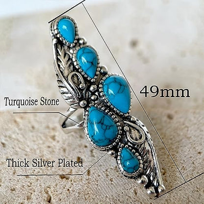 HAIXIAN Antique Full Finger Turquoise Stones Ring,Retro Thick Silver Plated Multi Waterdrop Gemstone Crystal Wide Cocktail Party Ring Jewelry