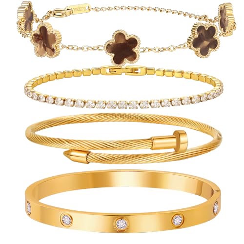 18 K Gold Plated Love Bangle Bracelet Stack for Women,Set of 4 Floral Clover Chain, Tennis Crystal &Gold Stackable Bangle Bracelet -Adjustable Layered Jewelry Gift for Wife Valentines Mother's Day-MVCOLEDY - color: Brown