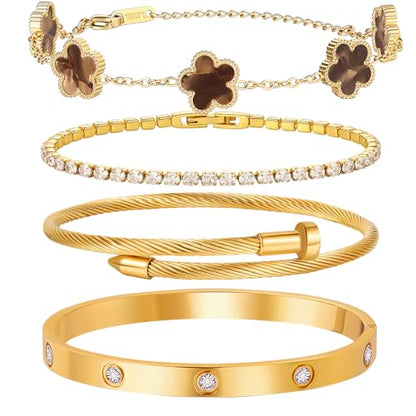 18 K Gold Plated Love Bangle Bracelet Stack for Women,Set of 4 Floral Clover Chain, Tennis Crystal &Gold Stackable Bangle Bracelet -Adjustable Layered Jewelry Gift for Wife Valentines Mother's Day-MVCOLEDY - color: Brown