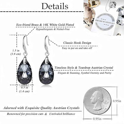Austrian Crystal Teardrop Dangle Hook Earrings for Women 14K Gold Plated Hypoallergenic Jewelry - color: Grey-Black