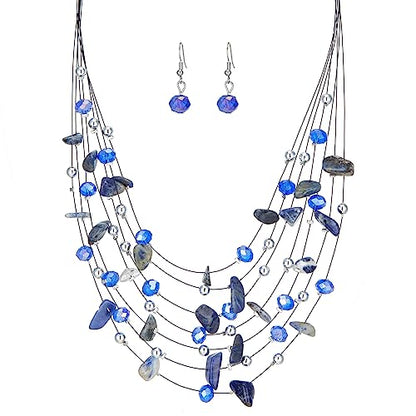 Multi-Layer Boho Shell Beaded Necklace for Women Colorful Crystal Strand with Silver Beads Statement Collars Necklace and Earrings Costumes Jewelry Sets for Women - color: 48-Sapphire