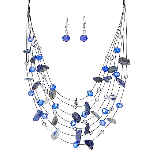 Multi-Layer Boho Shell Beaded Necklace for Women Colorful Crystal Strand with Silver Beads Statement Collars Necklace and Earrings Costumes Jewelry Sets for Women - color: 48-Sapphire