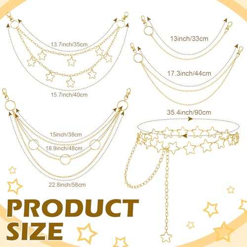 Jadive 5 Pieces Belt Chain Jeans Pants Pocket Waist Multi-Layer Hip Hop Metal Wallet Chain for Men Women - style: Star, Gold