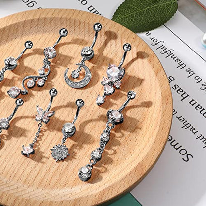 Hicarer 8 Pieces 14G Belly Button Rings Steel Long Dangle Navel Ring CZ Body Piercing Jewelry - color: Black