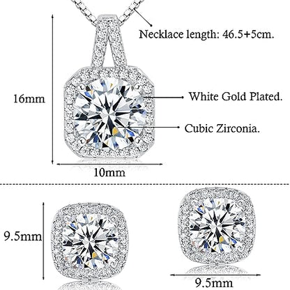 Cubic Zirconia Necklace and Earrings Set for Women 14K White Gold Plated Bridesmaid Silver Jewelry Set for Women Pendant Necklace Hypoallergenic Stud Earrings Set Jewellery Gift for Mom Wife Bride Bridesmaid - color: White-Square Shape