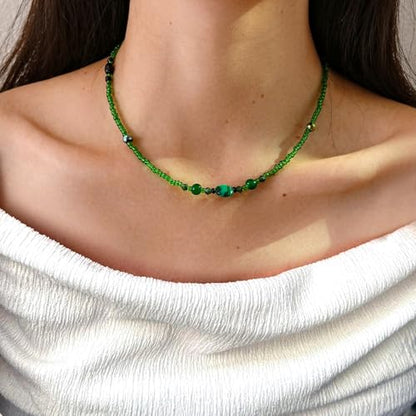 Beaded Necklaces for Women Summer Beach Beaded Necklace Bead Choker Boho Necklaces for Women Handmade Summer Jewelry Stainless Steel 18K Gold Plated - color: Green