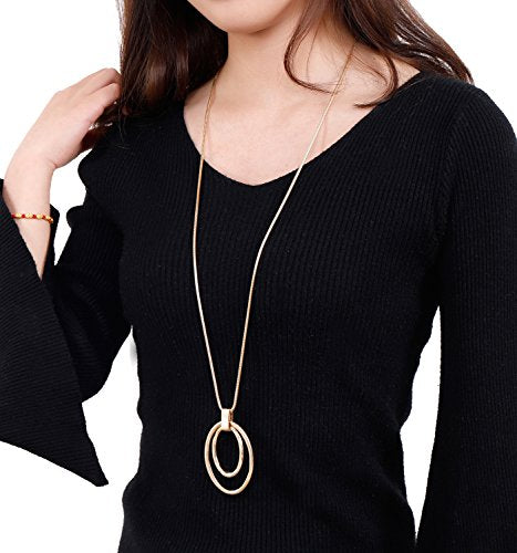 NVENF Long Sweater Chain Double Circle Pendant Necklace Bold Snake Chain Women Statement Necklace - color: B Gold-tone