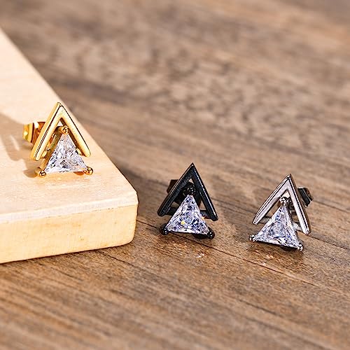 Unisex Geometric Triangle Stud Earrings, Stainless Steel Minimalist Cubic Zirconia Pierced Post Earrings for Men Women - style: Double Layer-Black&Sliver